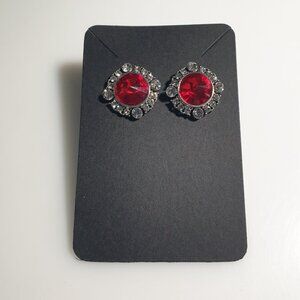 Red Rhinestone Stud Earrings Round Crystal Silver Tone Formal Holiday Gift Mom